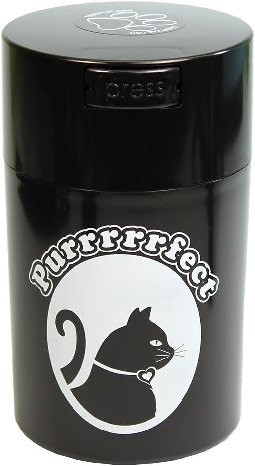 Tightpac Pawvac 1 to 6 Ounces Container, Airtight Pet Food and Treats Storage Jar - Patented Vacuum Seal Container for Pet Food, Treats and other Dry Goods - Black with Cats