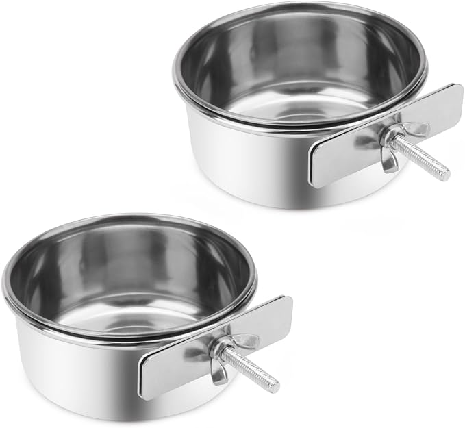 Wontee Pet Food Water Bowl Stainless Steel Feeding Cups Feeder, 2 Pcs, S | Rust-proof, securely mounted to prevent tipping, removable for easy refilling and cleaning, for dogs/cats/birds/rabbits