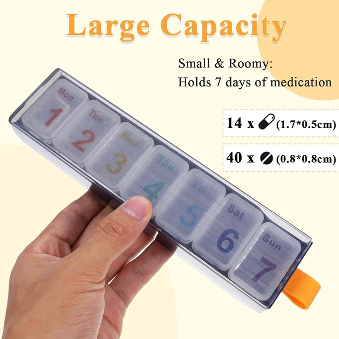 Weekly Pill Organizer, 7 Days Portable Travel Pill Medication Box | 7 Compartment Medicine Planner Dispenser, Every Day Dose, Easy to Open, Senior-Friendly, Storage for Vitamins, Fish Oil, Blue