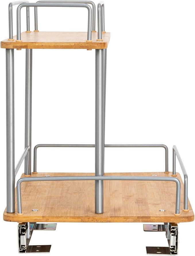 Household Essentials Bamboo and Silver Iron Two-Tier Slide-Out Organizer
