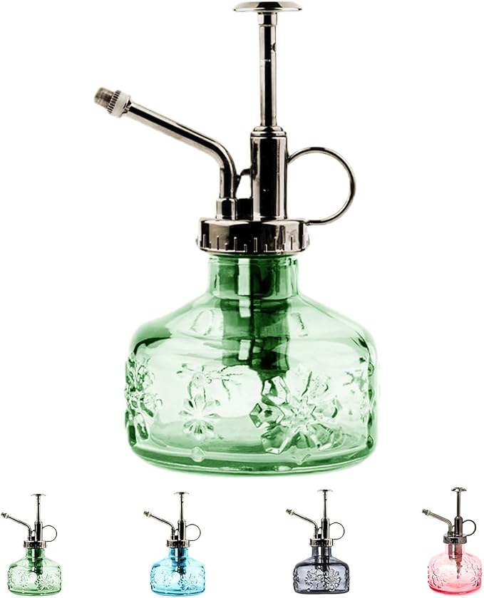 XXXFLOWER Glass Plant Mister Spray Bottle Green 180ml/6 oz | Mini Watering Can Indoor Plants Indoor Plant Mister Succulent Watering Bottle Tall Vintage Style with Bronze Plastic Top Pum