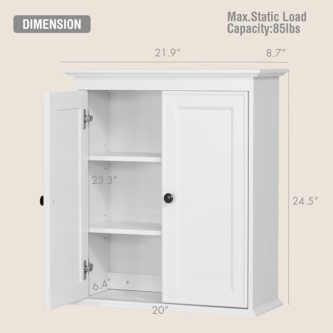 Spirich Bathroom Wall Cabinet, White Medicine Cabinet with 2 Doors | 2 Adjustable Shelves, Shaker Doors & Black Knobs, Compact Wall Storage for Bathroom, Kitchen & Laundry Room