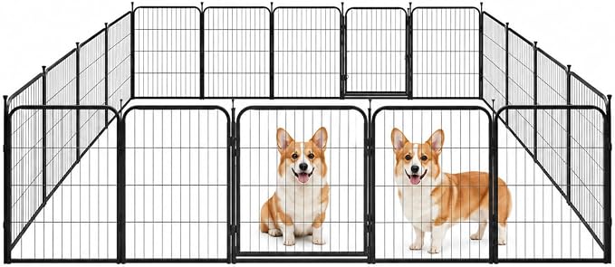 Dog Play Pen for Indoor Use - 24'', 20 Panels for Small and Puppy Size Dogs - Metal Heavy Duty Pet Fence with Anti-Slip Feet - Portable Black Playpen Kennel for House or Garage