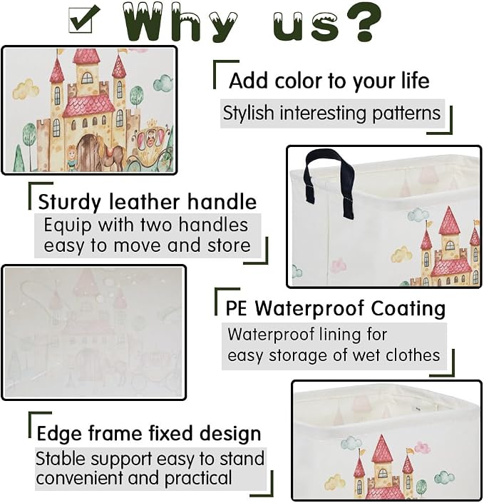 Rectangular Pink Princess Storage Basket,Cute Basket for with Handles for Room Decor,Gift Baskets,Girl pink room decor(Watercolor castle)