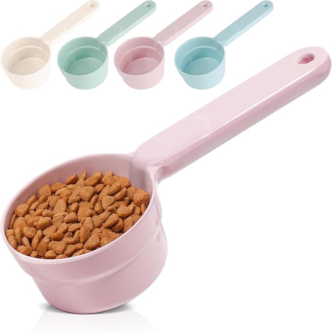 Melamine Pet Food Scoop, Cat Food Measuring Cups, Comfortable Long Handle Scoop for Dog, Cat, Ferret and Rabbit Food, 1 Cup Size Pet Food Feeding Scoop Dishwasher Safe (Pink | Pet Food Scooper, One-Cup Portion Measure, Long Handle, Dry Kibble, For Feed...