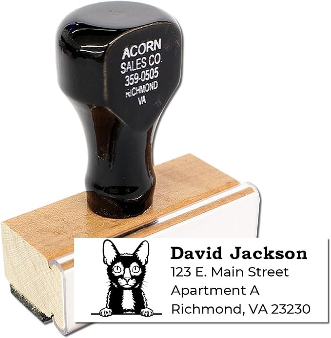 Peeking Lykoi Cat Wood Handle Address Stamp - Custom Rubber Stamp | Rectangular. Personalized Address Stamp for Housewarming Gifts. Lykoi Cat Stationery Stamp. Up to 50 characters per line.