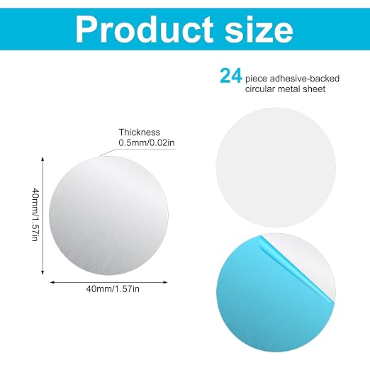 BOXOB 24pcs Adhesive Metal Plates for Magnetic Mounts, 4x4cm/1.57X1.57in Round Iron Strips with Adhesive Backing for Magnets on Non-Steel Vents