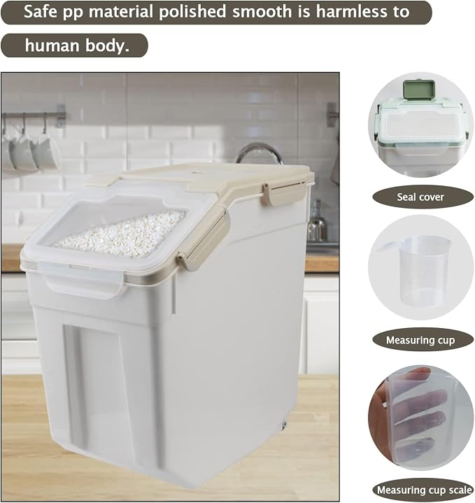 Saim 4 Pack 25lb Flour & Rice Storage Container Bin,Rice Dispenser (Grey) | BPA free plastic with seal lid, rolling wheels and measuring scoop for rice, flour, cereal and grain one-hand scooping