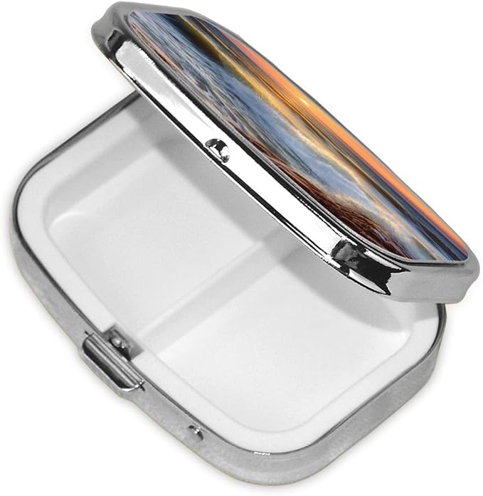 Square Pill Box Rocky Wave Sunset Painting Pill Case for Purse & Pocket 3 Compartment Pill Organizer Portable Travel Pillbox Medicine Pill Holder Container for Daily Vitamin Cod Liver Oil Storage