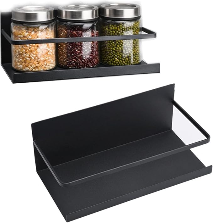 2pcs Magnetic Refrigerator Storage Rack, with Detachable Hooks for Kitchen Organization, Black
