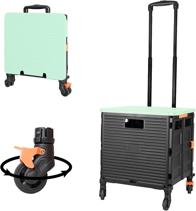 FELICON SELORSS Foldable Utility Cart Folding Portable Rolling Crate-Green | Heavy Duty,Telescoping Handle,4 Rotate Wheels,Collapsible Handcart for Travel Shop Move Luggage Laundry Teacher Office Use
