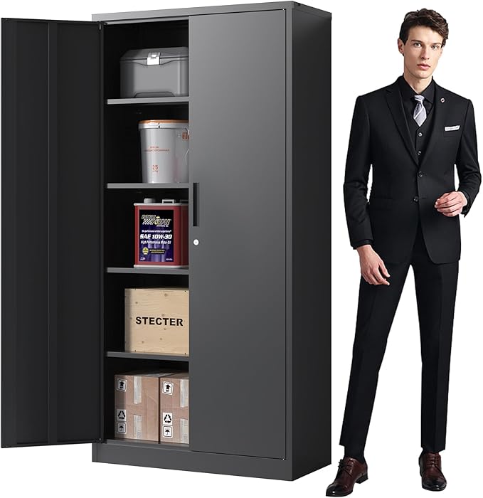 Metal Storage Cabinet for Garage, Tool Cabinet, Utility Cabinet | Oversized Tool Cabinet, Lockable, 2 Doors, 4 Adjustable Shelves, Assembly Required, Black