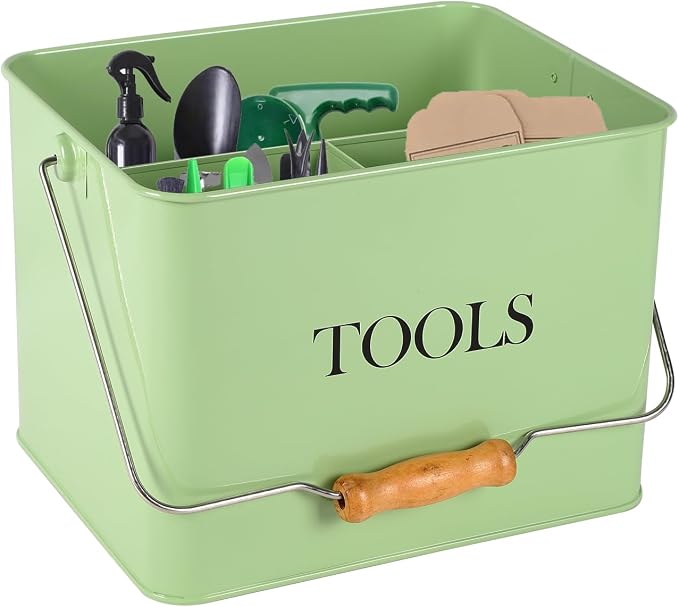 Garden Tool Organizer, Metal Tool Caddy with 3 Compartments, Portable Garden Tool Basket with Handle, Gardening Tool Kit Holder Empty, Garden Tool Storage for Indoor and Outdoor Use - Green