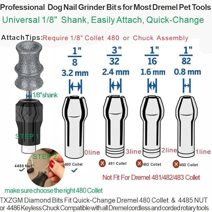 Stress-Free Diamond Dog Nail Grinder Bit Attachment for Dremel - Refill Tips & Replacement Heads Fit Dremel 7760 & 7350, for Small to Large Pet Dogs/Cats, Thick Nail Grooming, 2-Pack