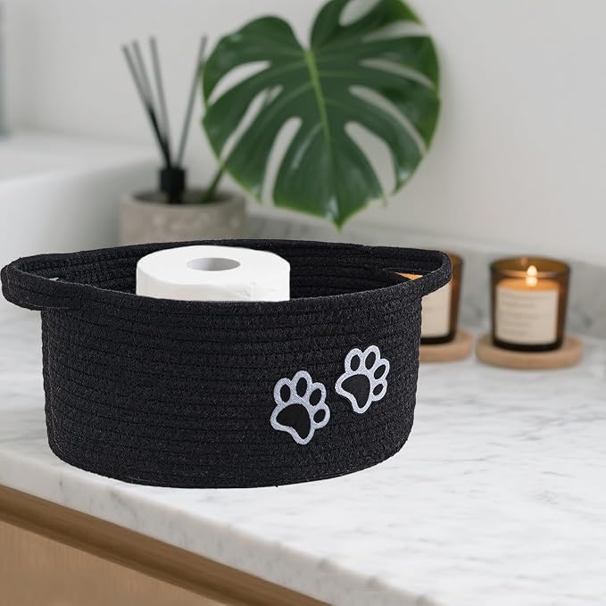 Small Woven Cotton Rope Nursery Organizer Bins, Dog Toy Basket Bins with Handle, Cute Empty Pet Gift Storage Baskets with Paw