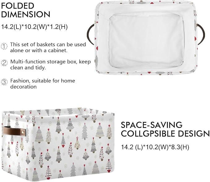 Christmas Tree Gray Storage Basket Fabric Kitchen Baskets Winter Snowflake White Grey Open Home Storage Bins Boxes Foldable Organizer Bag for Book Shelf Closet Baskets 16×12×8 Inches 2 Pack