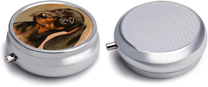 Dachshund Puppy Metal Pill Organizer with Mirror, 3-Compartment Travel Pill Box, 2-Inch Round Pocket Medicine Case with Secure Latch, Portable Vitamin Holder for Women & Men