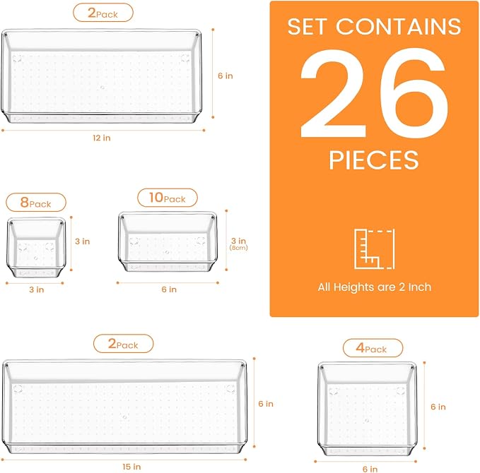 Drawer Organizer, 26 Pack Clear Plastic Drawer Organizer Bins, Versatile Organization and Storage Trays for Kitchen, Bathroom, Vanity Makeup and Office