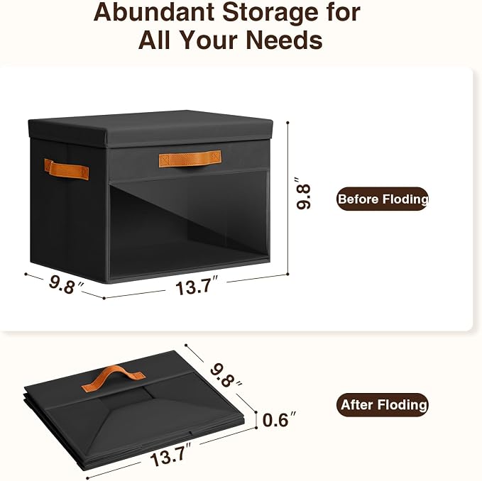 Large Storage Bins with Lids - 6 Pack Foldable Decorative Organizers with Clear Windows & Handles, Cube Storage Organizers for Clothes, Blankets, Sweaters, Sheets, Black