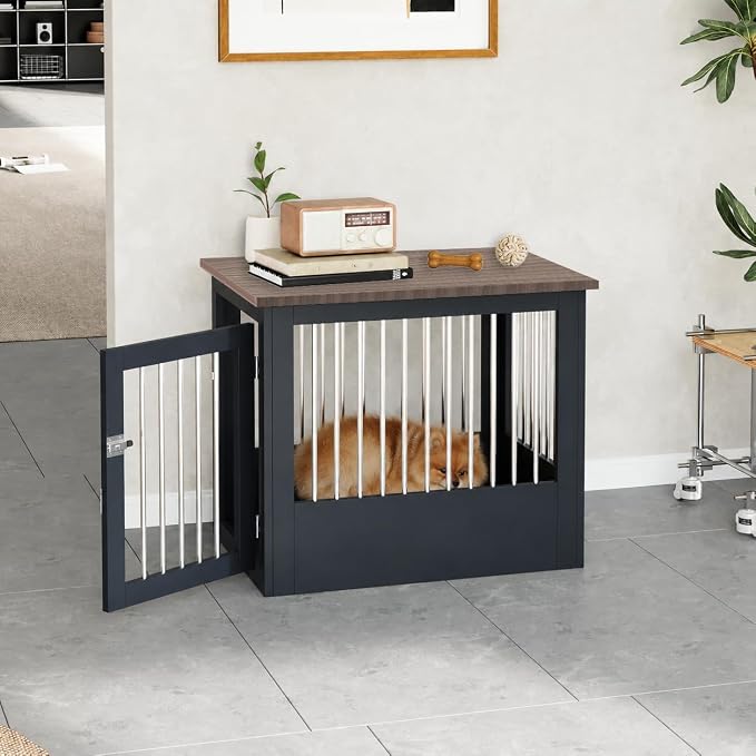 30" Wooden Dog Crate Furniture,Medium Kennel Pet Cage End Table for Indoor | for Small Medium Dogs, Grey and Wood, Fits Living Room Bedroom, Heavy Duty Steel Frame with Lock 45 lbs Cap, 100 lbs Top.