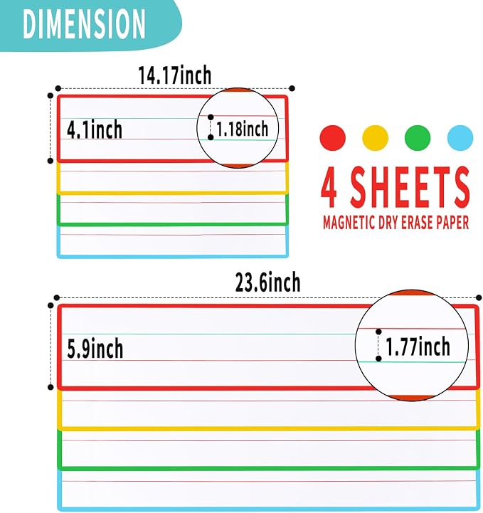 4 Sheet 23.6×5.9inch Dry Erase Magnetic Sentence Strips for Classroom Whiteboard & Fridge Handwriting Lined Paper for Home Teacher Must Haves Word Alphabet Practice Tool