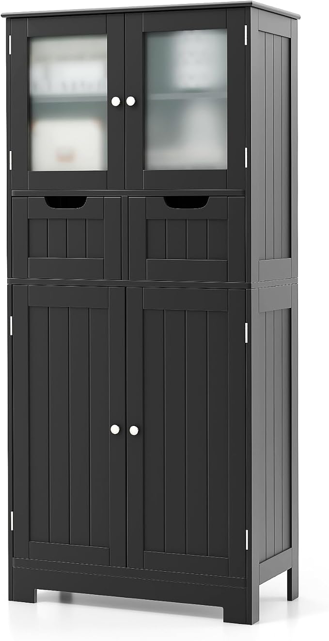 LOKO Bathroom Floor Cabinet, Storage Organizer with Glass Doors, Wooden Kitchen Cupboard with Adjustable Shelf for Living Room (Floor Cabinet with 2 Additional Drawers, Black)