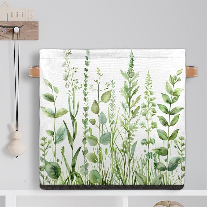 Sage Green Leaves Cube Storage Bin, 13 Inch Collapsible Fabric Storage Bin, Spring Eucalyptus Foldable Cube Baskets for Shelf, Closet, Organizer