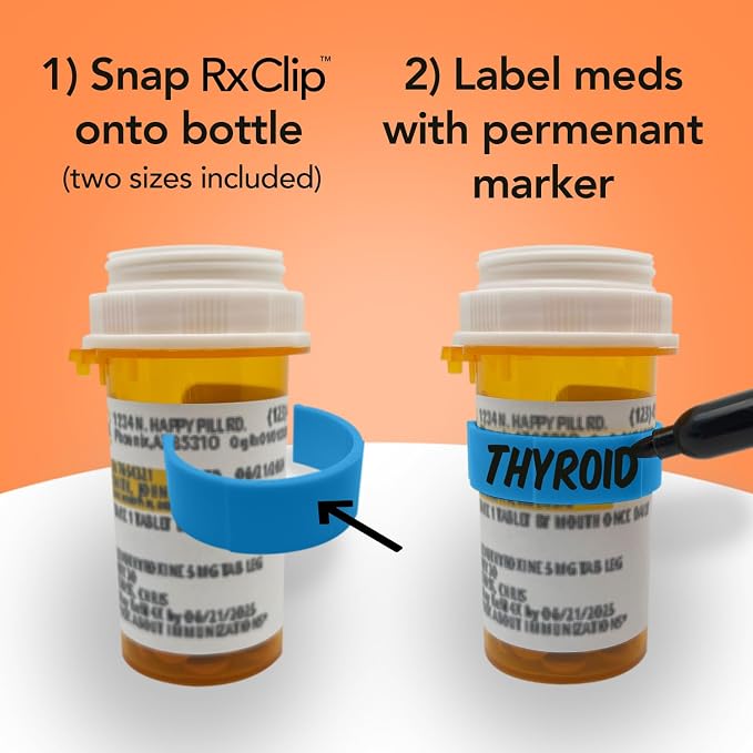 20 Pack Medicine Bottle Label Clips for Easy Medication Identification - 20ct Multipack with Marker (Blue)