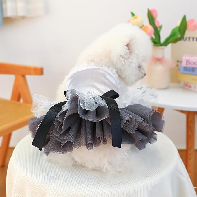 Gray Dog Tutu Dress with Bow Knot Sleeveless Puppy Clothes for Small Dogs Girl Spring Summer Cat Princess Dresses Holiday Pet Sundress Outfit (Grey, X-Small)