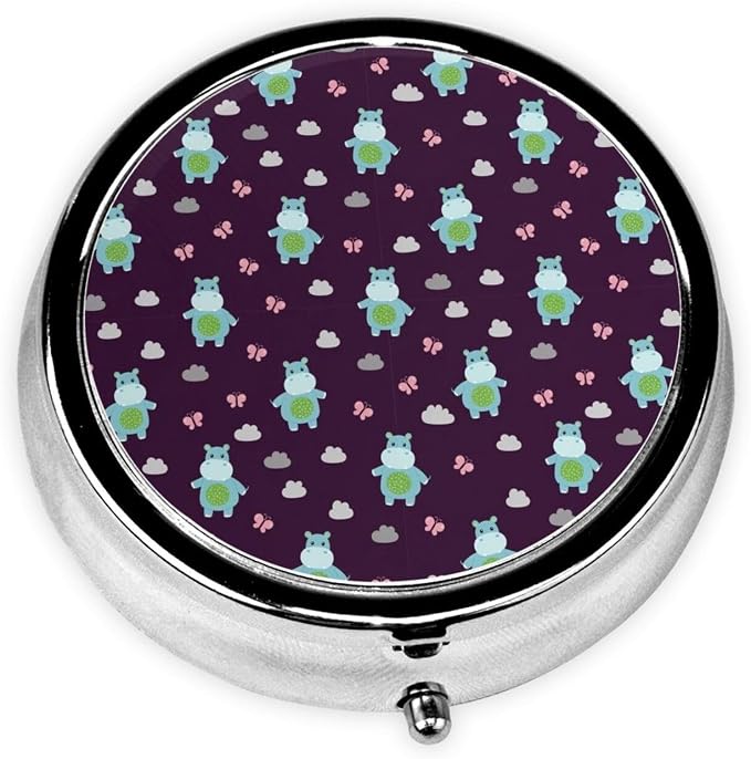 Purse Pill Holder, Lovely Hippo Round Waterproof Organizer, Compact Case for Vitamins, Travel Pill Box Pocket Use for Active Lifestyles