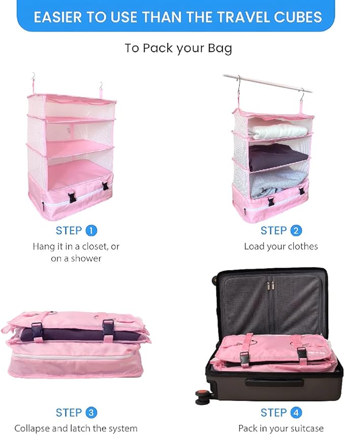 Stow-N-Go Hanging Travel Shelves, Packing Organizer for Luggage. Carry on Closet for Suitcase. Expandable Packing Cube. Travel Essentials. (Pink - XL, XL = (L) 17.7" x (W) 11.8")