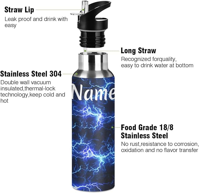 Custom Name Blue Black Lightning Water Bottle with Straw Lid Kids Insulated Stainless Steel Water Flask Sports, 20 Oz Hot Cold