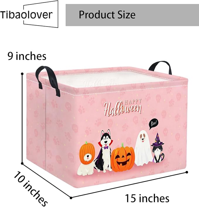 Halloween Basket Cute Baskets for Kids Pumpkin Basket Rectangular Storage Bin Organizer Box Room Decor(Pink Dog Halloween)