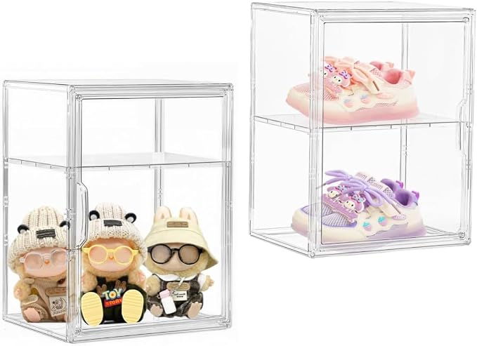 Attelite X-Large Acrylic Display Case Boot Shoe Storage Boxes 2 Pack | Clear Shoe Organizer,Acrylic Display Case 2 Tiers,Easy Assembly,Thickened Plastic,Stackable Design,Magnetic Door