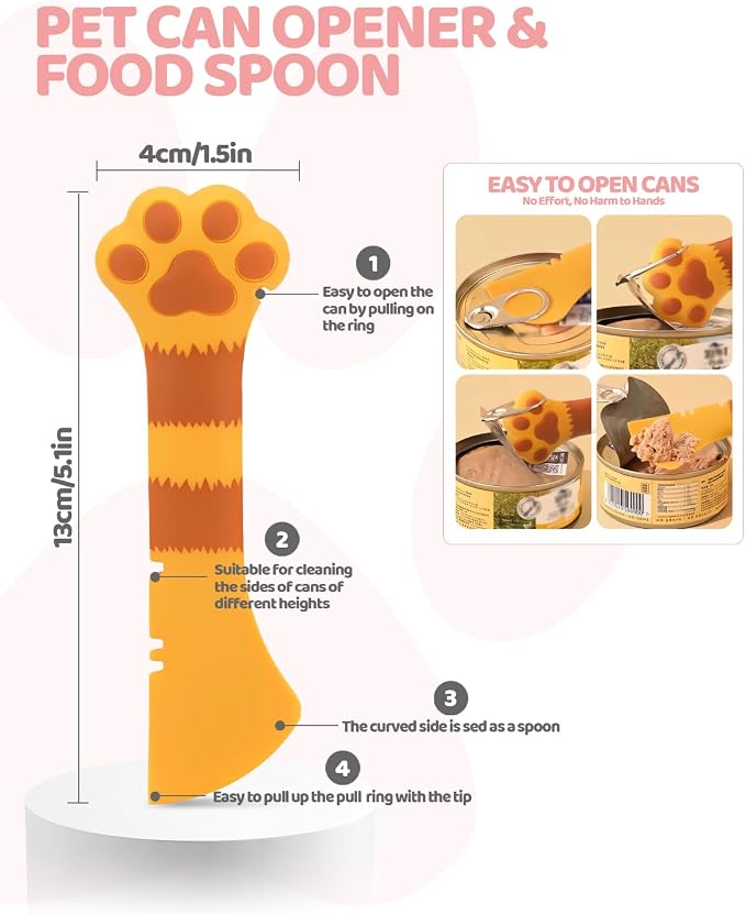 5 PCS Cat Food Can Covers Lids Set, Silicone Pet Food Can Lids with Multi-Function Cat Food Spoon and Opener, Cat Bar Squeezer, Stainless Steel Wet Food Spoon for Cats and Dogs (Pink) (Orange)