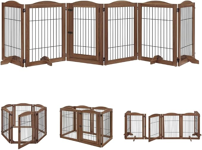 unipaws 132" Extra Wide Dog Gate and Pet Playpen with Walk Through Door | Free Standing Tall Dog Fence, Barriers for Home, Use as Indoor Dogs Cats Pen, Rabbit Pen, Walnut