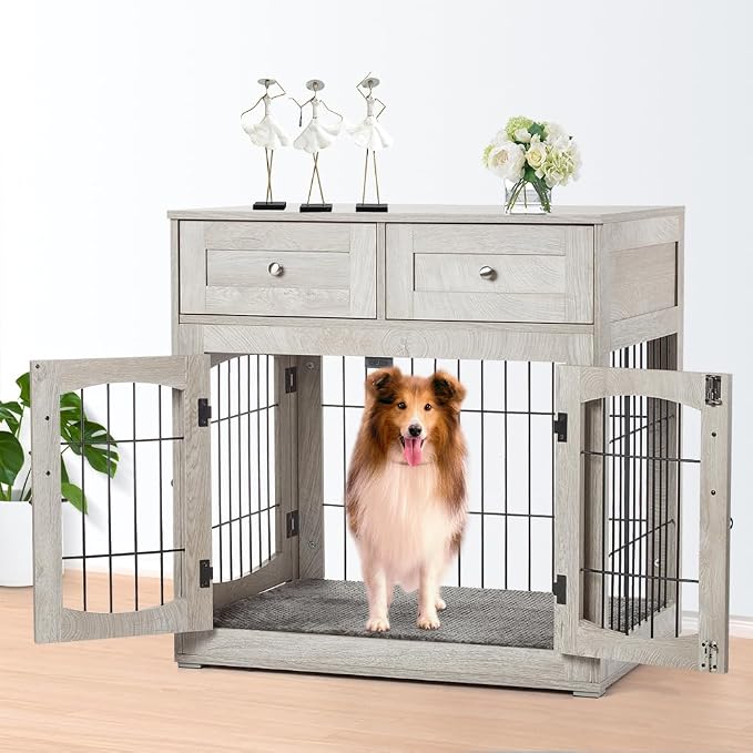 Dog Crate Furniture with Drawers, Wooden Dog Kennel Furniture for Large Breed,End Table Wood House