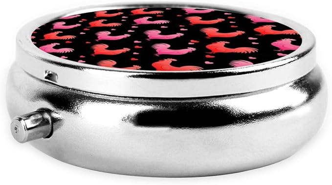 Travel Medicine Box, Rooster Chicken Bird Love Heart Floral Pink Black Round Small Organizer, Metal Pill Case for Fish Oil, Portable Dispenser Purse Pocket for Commuters