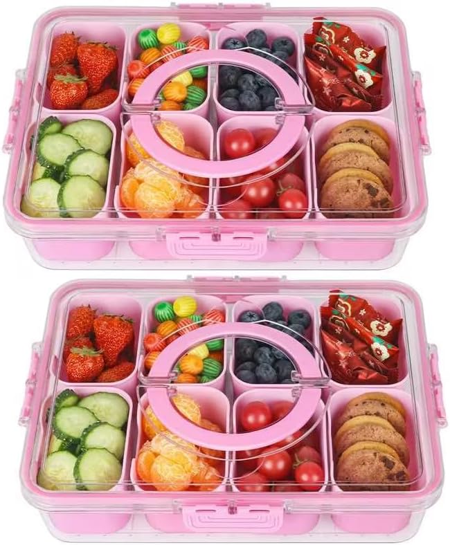 2Pcs Snackle Box Snack Containers with Lid Divided Serving Tray with Handle | Portable Snack Platter Fruit Veggie Trays Snackele Box Containers for Charcuterie, Party, Snack, Nuts, Beach, Travel, Picnic