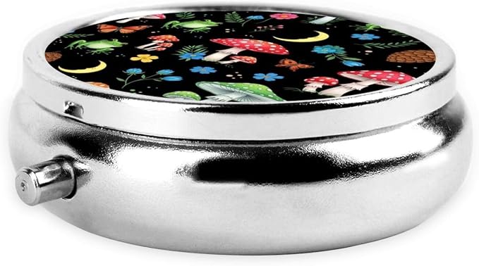 Mini Pill Box, Portable Round Organizer for Daily Vitamins, Travel Pill Case Pocket Purse Use, Waterproof Design for Men Women, Moon Frogs Trippy Mushroom Leaves