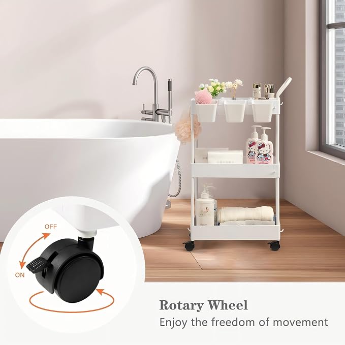 danpinera Storage Cart on Wheels, 3 Tier Slim Laundry with Wheels Bathroom Organizer with Hanging Cups Hooks Dividers Handle Mobile Rolling Art Cart for Bathroom Kitchen Narrow Places, White