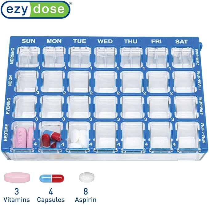 Ezy Dose Weekly (7-Day) Pill Case, Medicine Planner, Vitamin Organizer Box, Small Compartments with Easy Fill Tray, 4 Times a Day, Clear Lids, Color May Vary, BPA Free