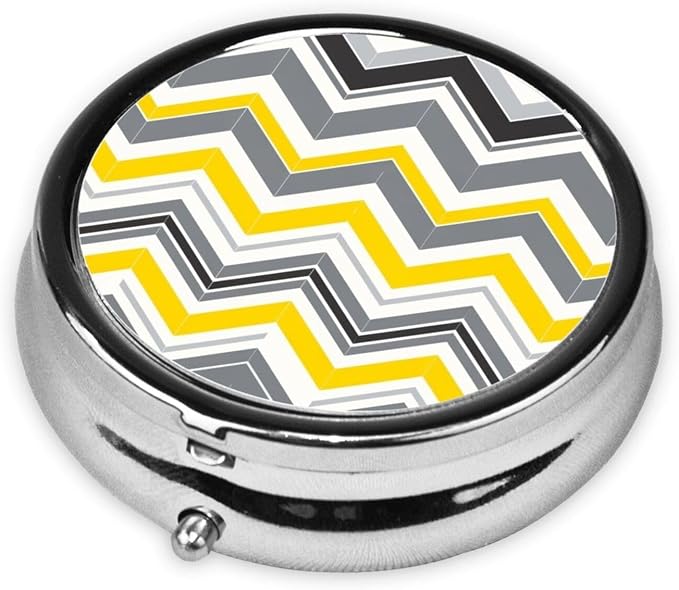 Small Travel Pill Box, Yellow Grey Gray Patterns Round Metal Organizer, 3-Compartment Case for Fish Oil, Pocket Purse Dispenser for Vacation