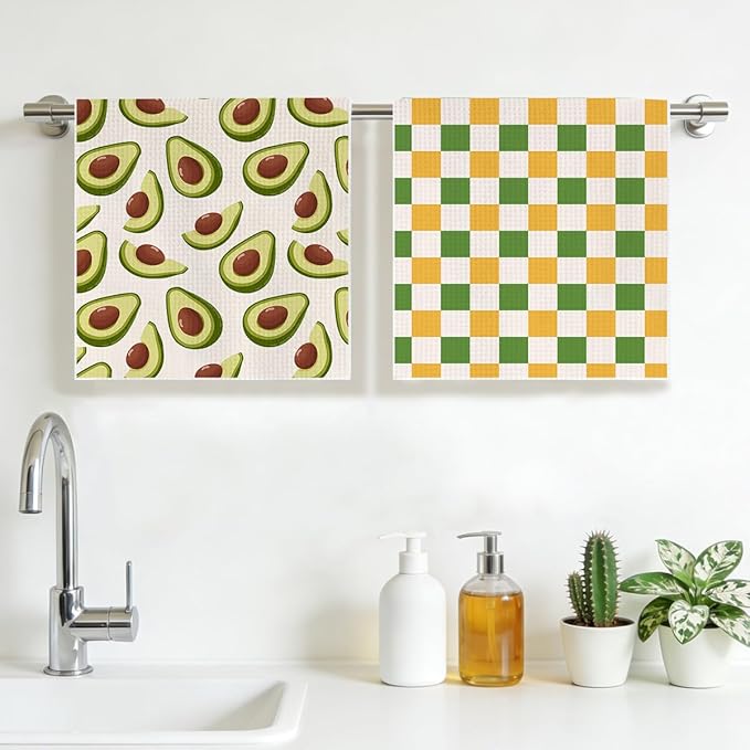 Avocado and Color Checkered Kitchen Towels, Quick Dry Multipurpose Waffle Weave Hand Towels for Bathroom, Absorbent Reusable Cloth Tea Dish Towels for Home Decor, Avocado Lover Gift Towel Set of 2