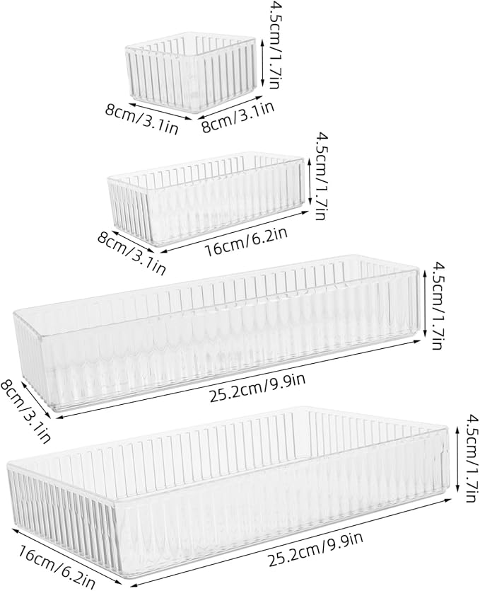10pcs Stackable Drawer Organizer Trays Set with Removable Dividers, 4 Sizes Pet Storage Bins for Kitchen Gadgets and Jewelry, Flexible Combination for Bathroom Counter and Vanity