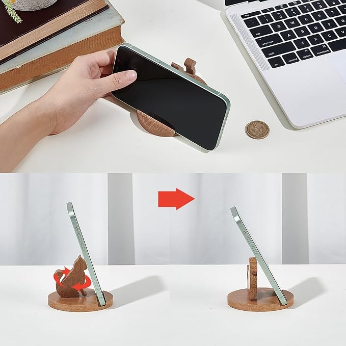 NBEADS Cell Phone Tablet Wooden Stand, Animal Phone Holder Cat Decorative Smartphone Desk Holder with Non-Slip for Various Models of Mobile Phones and Tablets, Sandy Brown