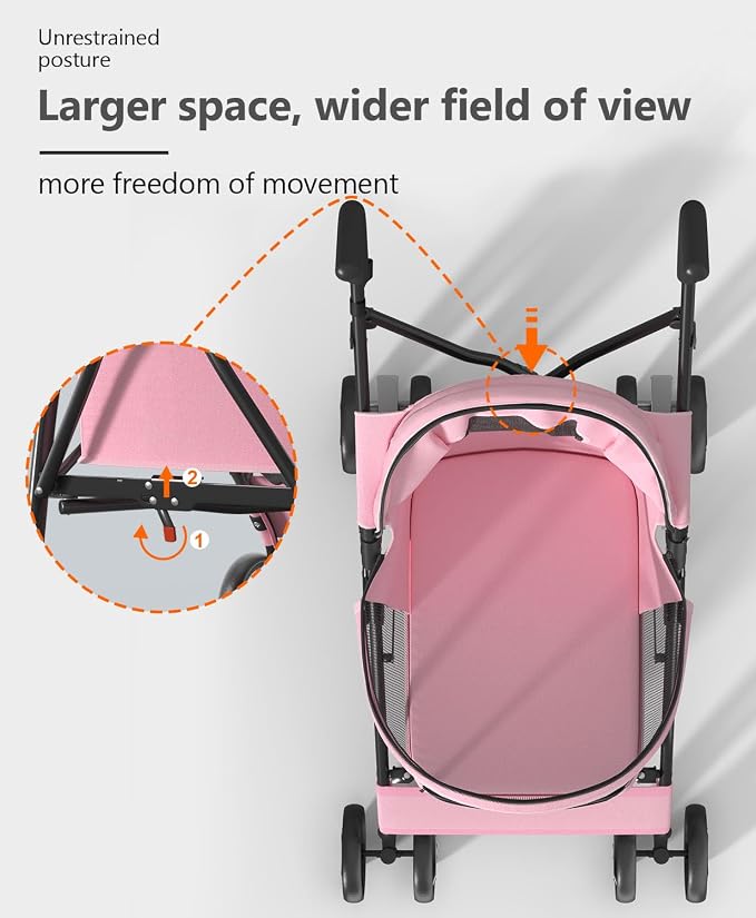 OS MOTOR 4 Wheels Pet Stroller for Small Medium Pets, Pink | Foldable Carrier Jogger, Rear Wheel Breaks, Storage Basket, Visible Mesh Weather Cover, Portable, Dog, Cat, Puppy, Kitty