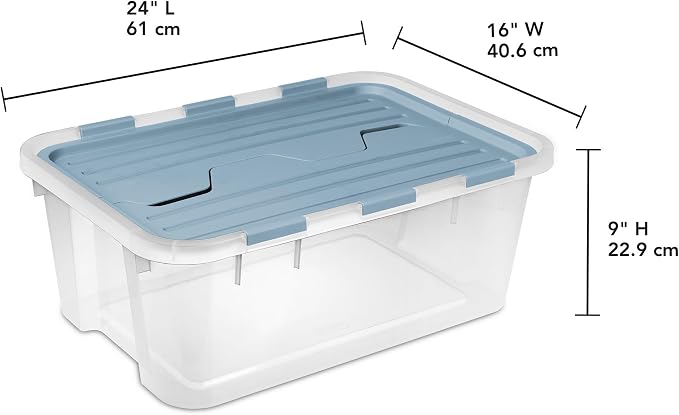 Sterilite Hinged Lid Storage Box, Plastic Container, 40 Quart, 12-Pack | Washed Blue - Home Organizer Tote for Storing Shoes, Crafts, Clothing, or Decor