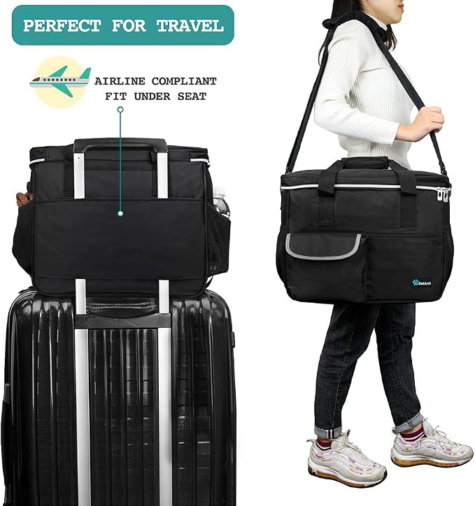 PetAmi Dog Travel Bag Organizer, Pet Supplies Tote Diaper Bag, Black Medium | Pet Travel Kit with 2 Food Containers & 2 Collapsible Dog Bowls, Luggage Sleeve, Weekend Getaway Road Trip Camping Essentials