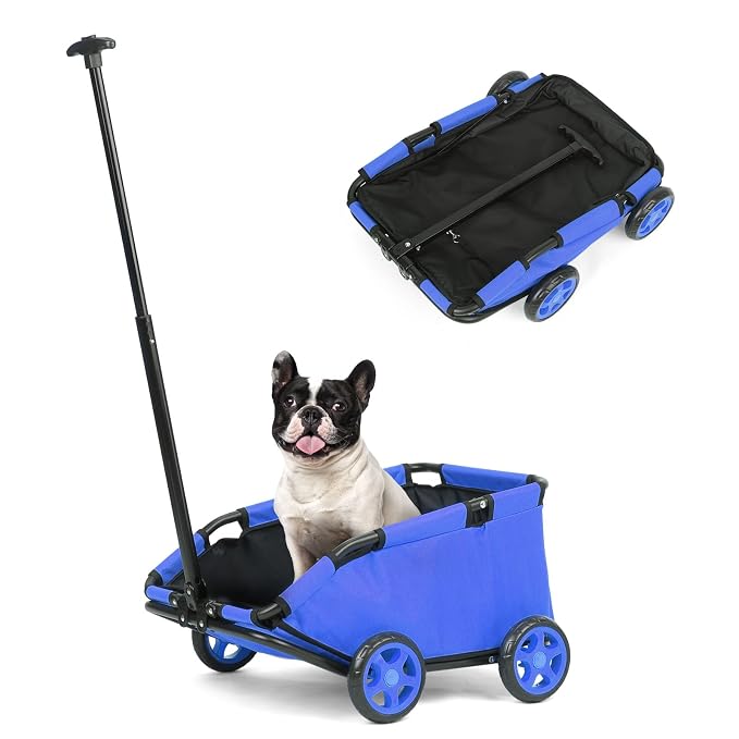 Mini Dog Strollers for Mini Pets, Foldable Multifunctional Shopping Carts with Extendable Pull Handle, Doggie Wagon Built-in Cushion and Safety Rope with Storage Bag (Blue)